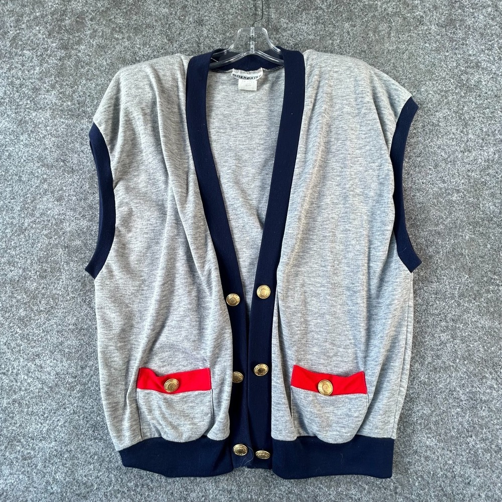 Peter Popovitch Cardigan Vest Womens M Gray Navy Contrast‎ V-Neck Button Front